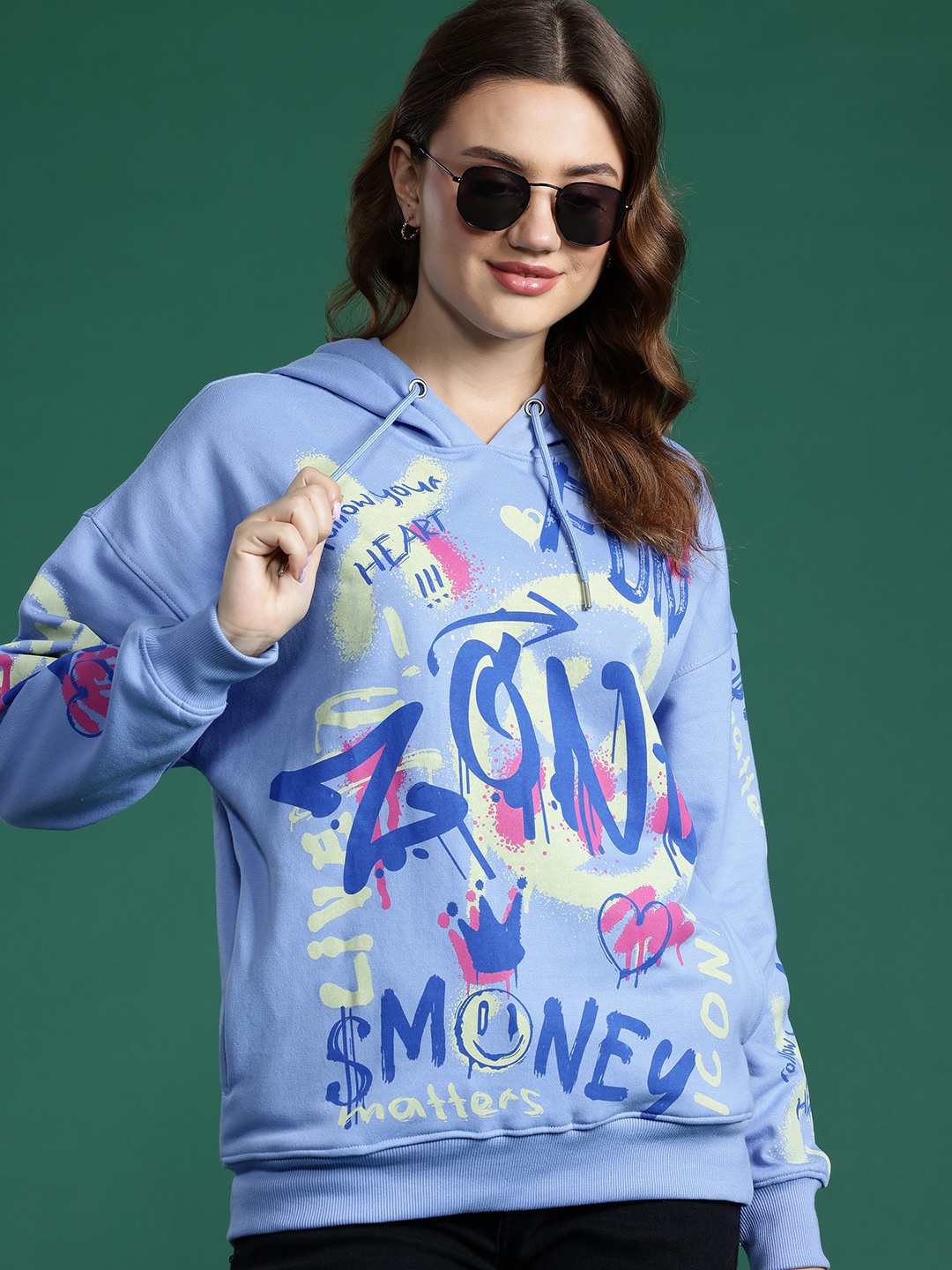 

DressBerry Printed Hooded Drop-Shoulder Sleeves Sweatshirt, Blue