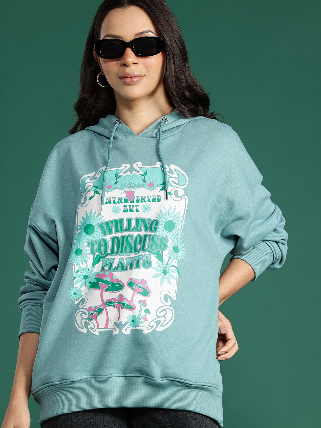

DressBerry Conversational Printed Drop-Shoulder Sleeve Hooded Sweatshirt, Blue