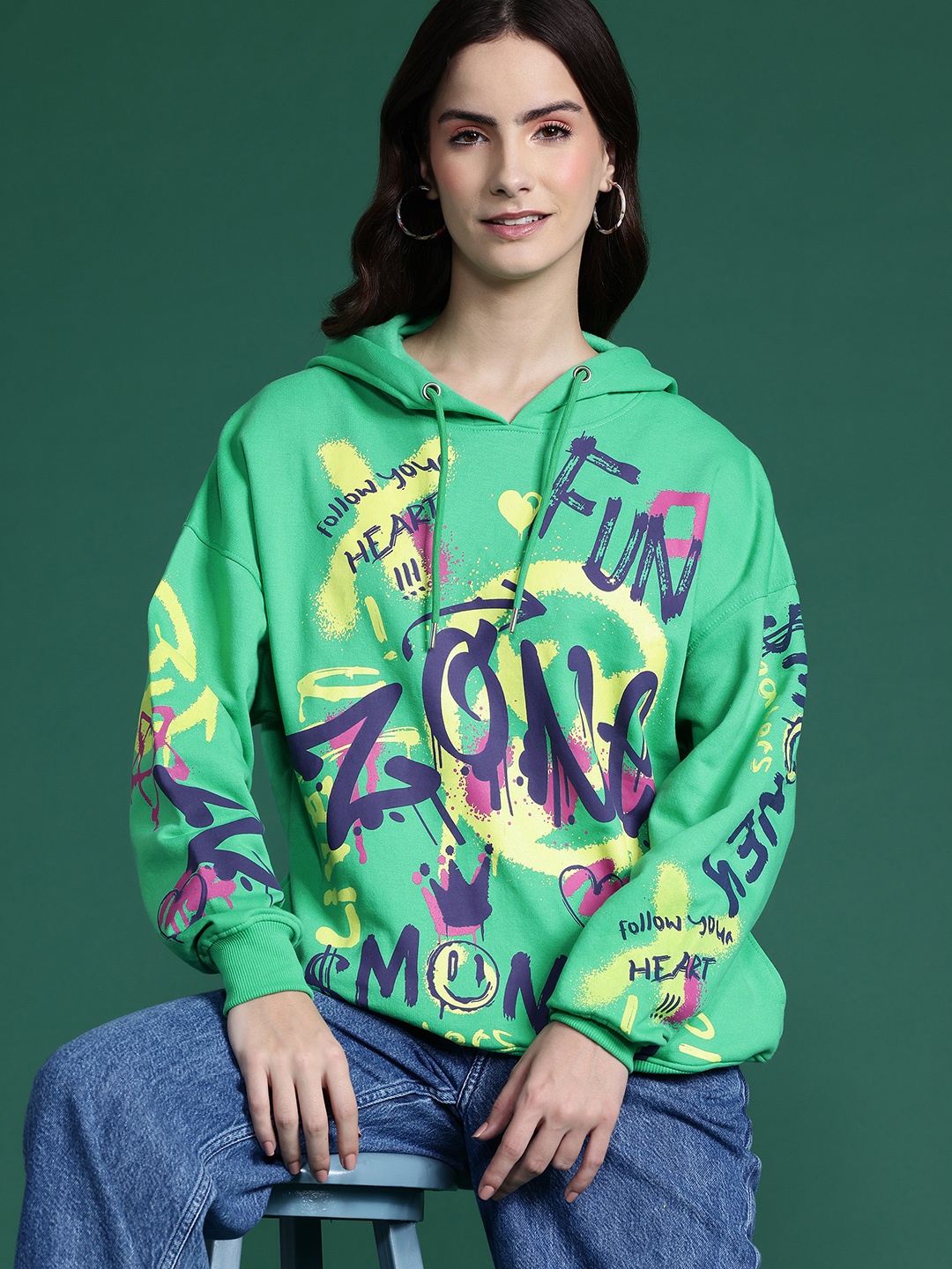 

DressBerry Printed Hooded Longline Sweatshirt, Green