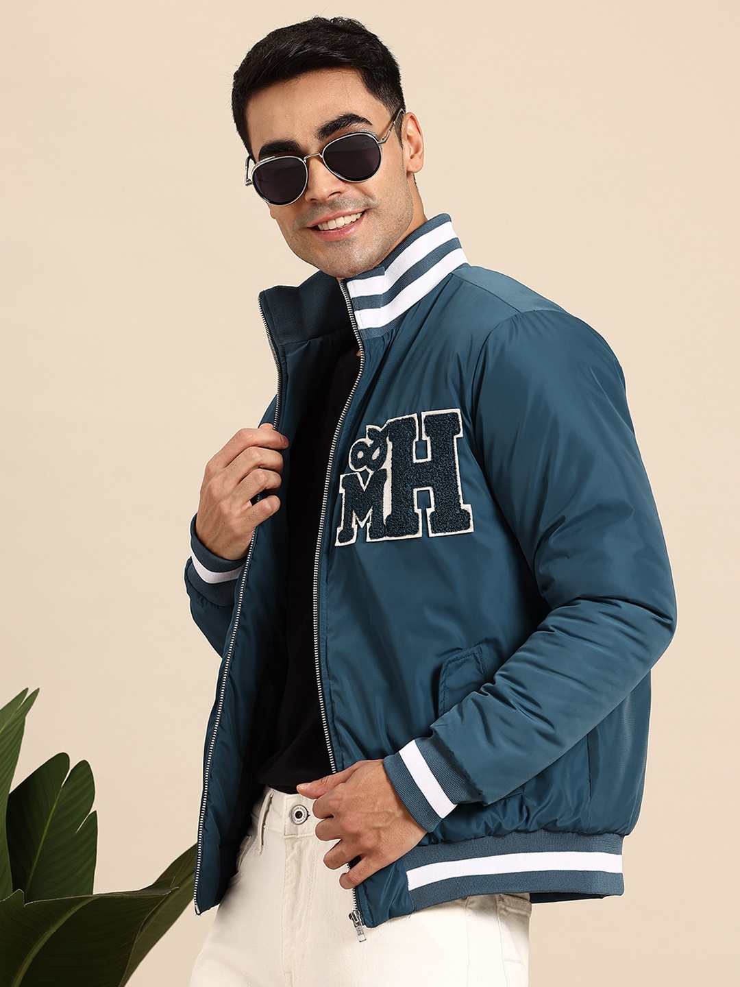 

Mast & Harbour Bomber Jacket with Applique Detailing, Teal