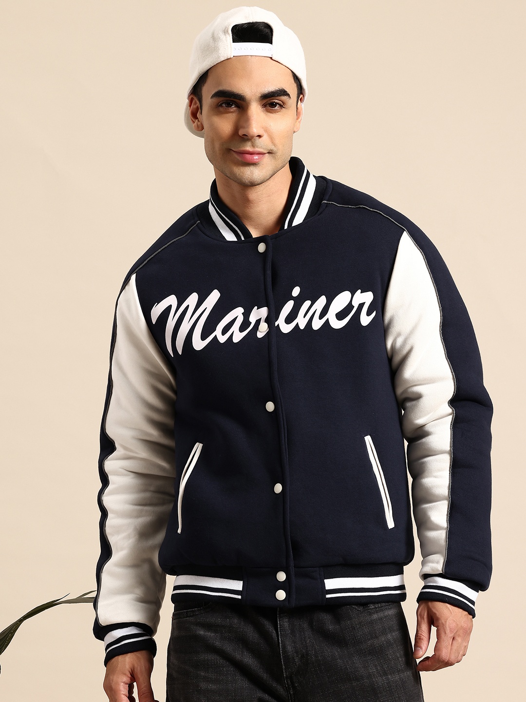 

Mast & Harbour Typography Printed Varsity Jacket, Black