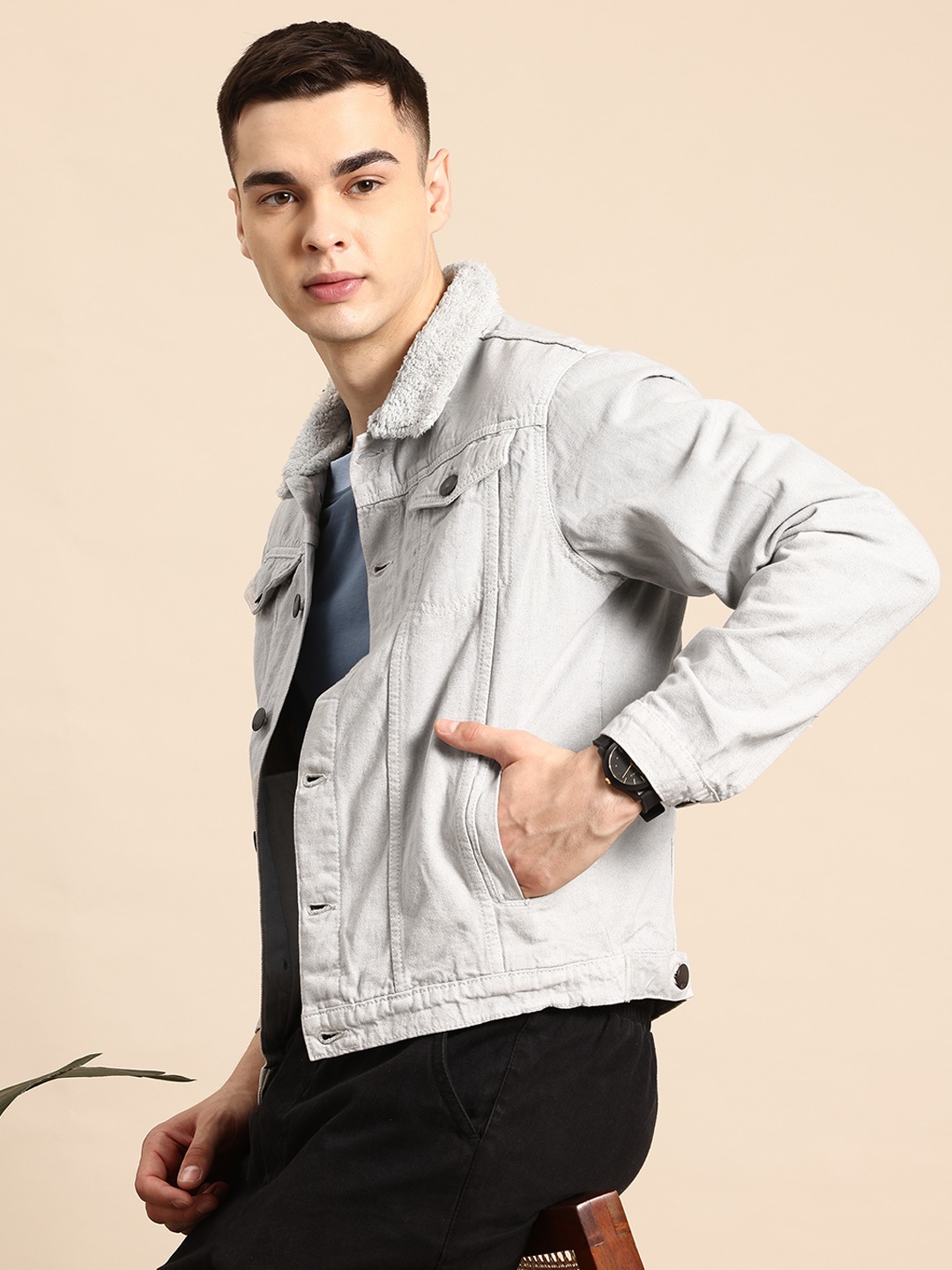 

Mast & Harbour Shearling Denim Jacket, Grey