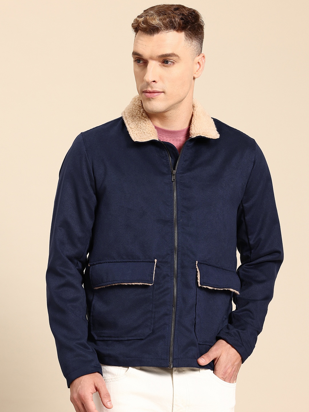 

Mast & Harbour Suede Faux Fur Detail Tailored Jacket, Navy blue