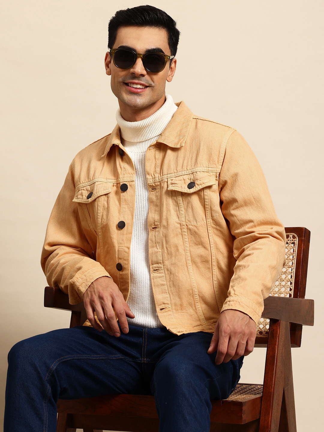 

Mast & Harbour Men Pure Cotton Denim Jacket, Beige