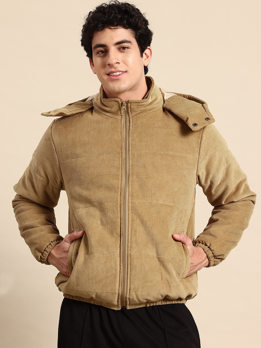

Mast & Harbour Corduroy Padded Jacket with Detachable Hood, Khaki