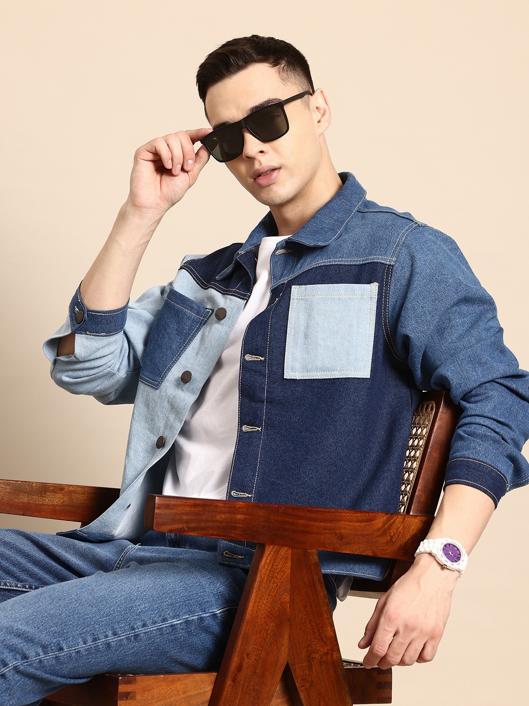 

Mast & Harbour Colourblocked Pure Cotton Denim Jacket, Blue