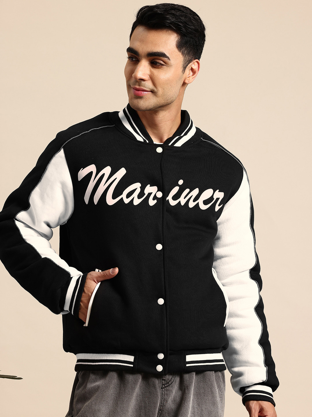 

Mast & Harbour Typography Printed Stand Collar Bomber Jacket, Black