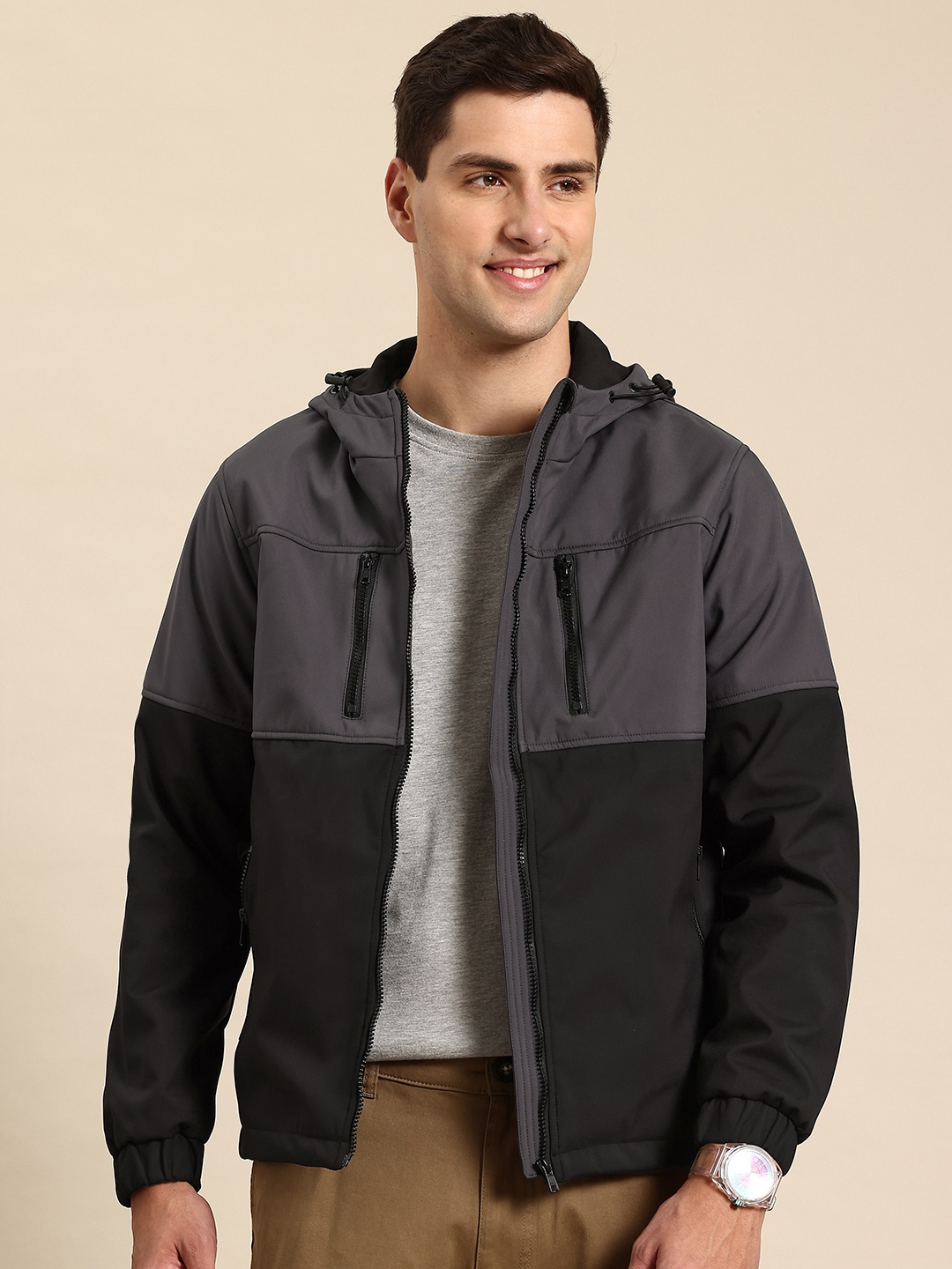 

Mast & Harbour Colourblocked Hooded Zip Detail Jacket, Grey