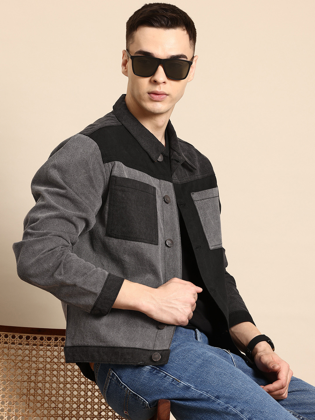 

Mast & Harbour Colorblocked Pure Cotton Denim Jacket, Grey