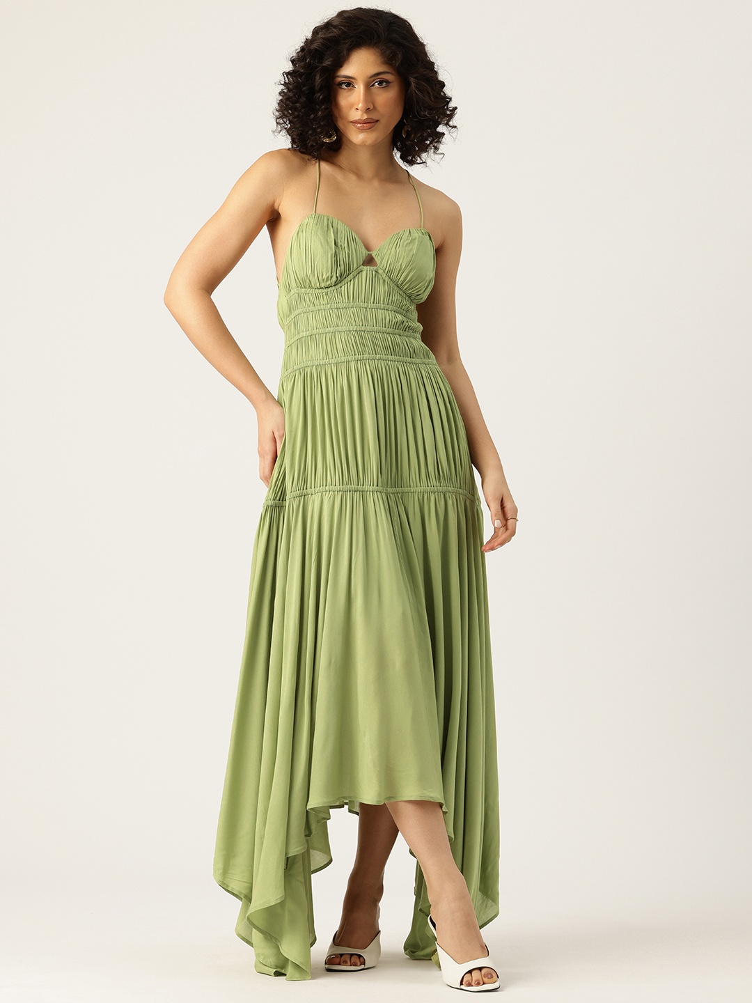 

bebe Vibrant Vacay Asymmetric Tiered Fit & Flare Dress, Green