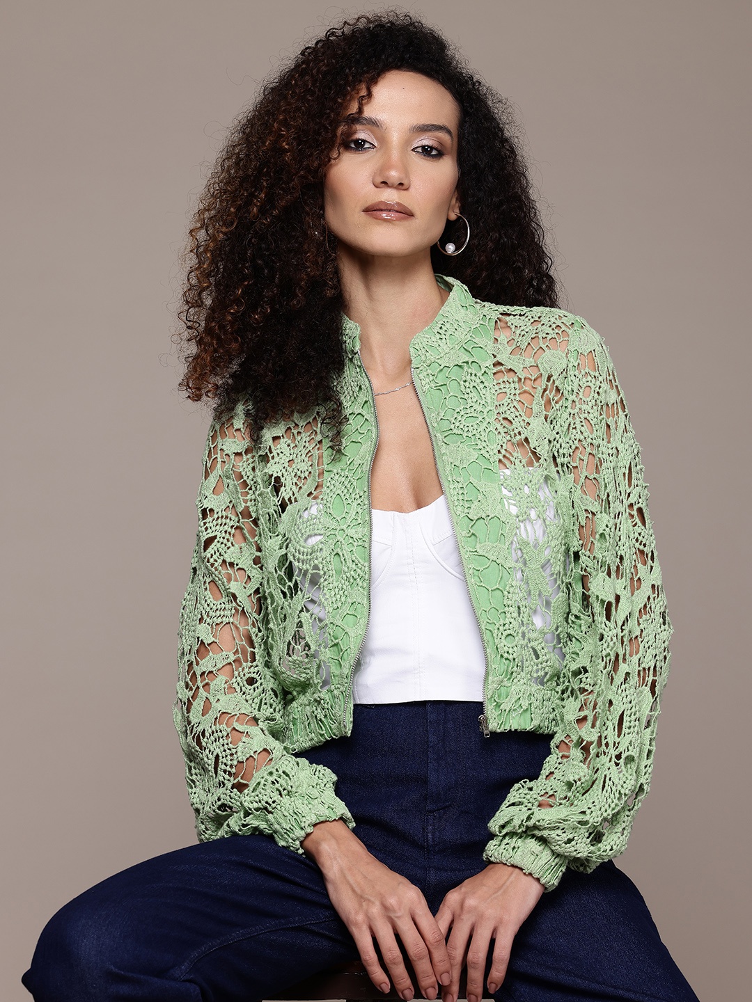 

bebe All Day Sheer Floral Open-Front Jacket, Green