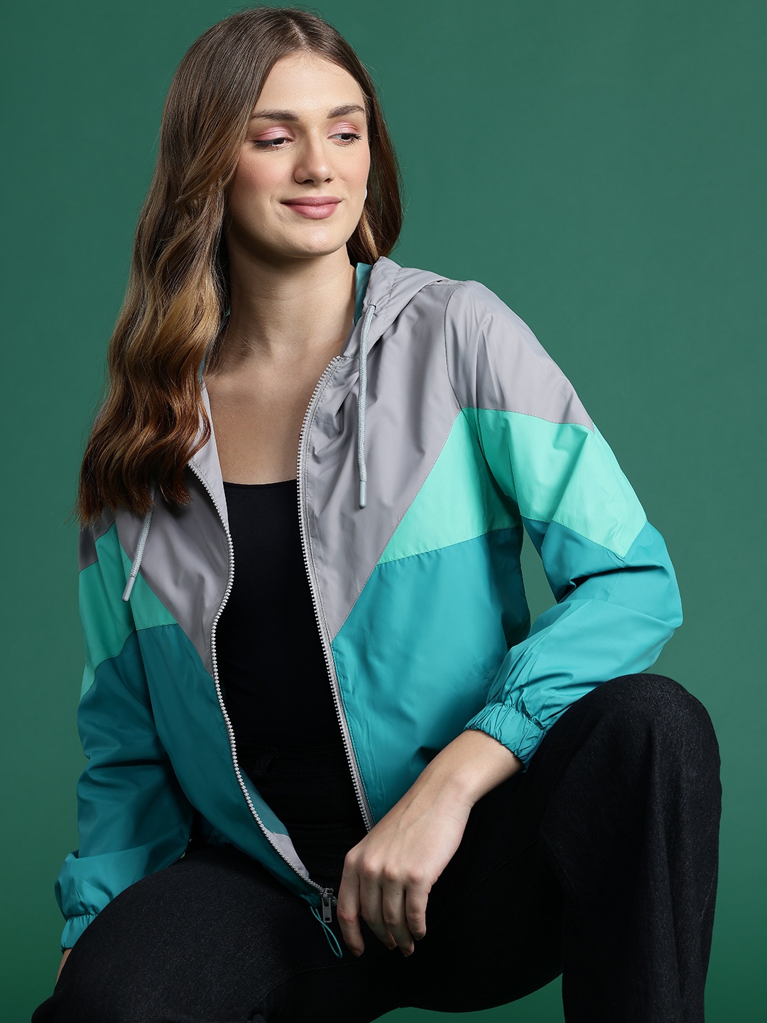 

DressBerry Colourblocked Hooded Tailored Jacket, Green