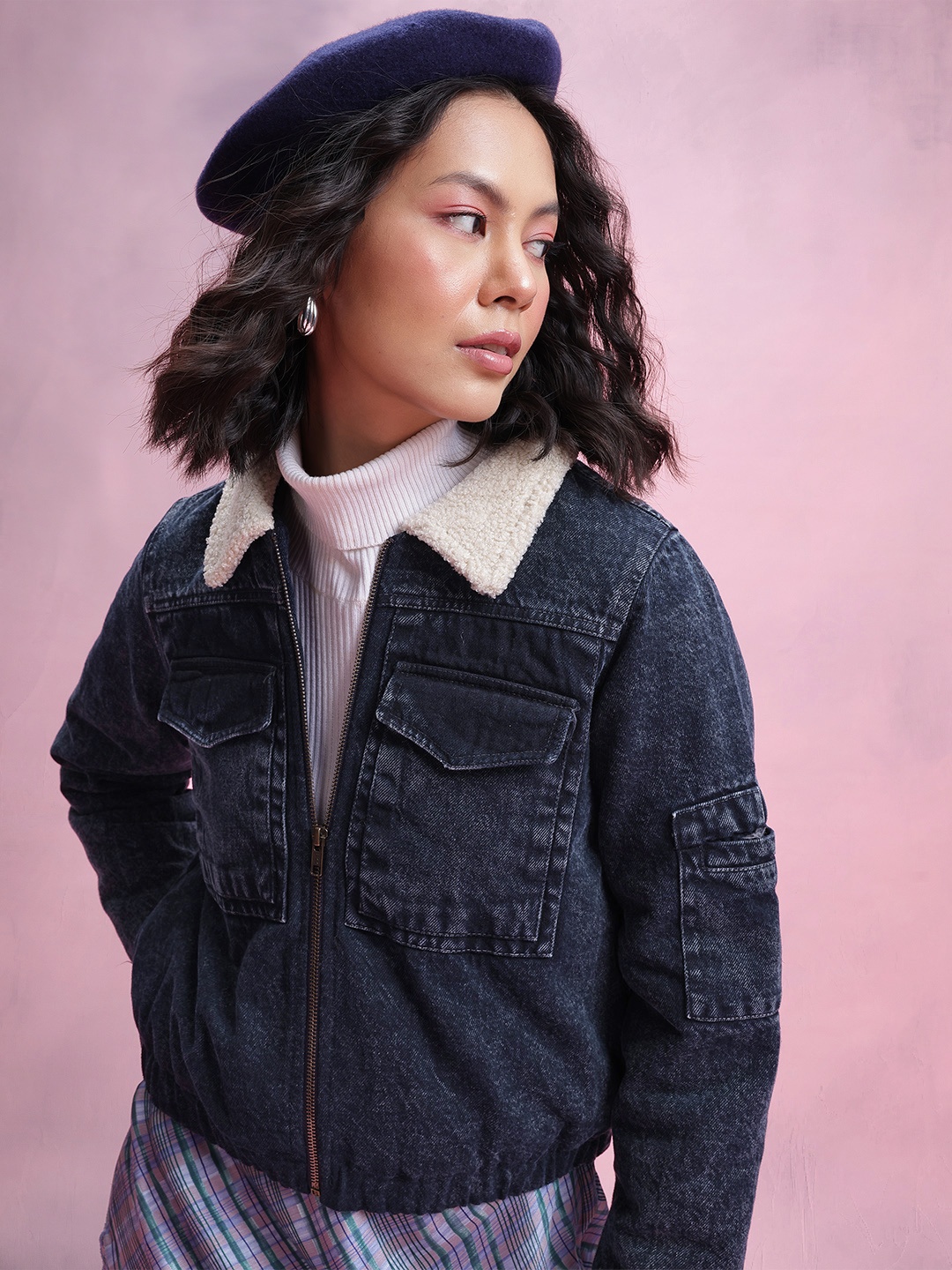 

DressBerry Women Sherpa Trim Pure Cotton Denim Jacket, Navy blue