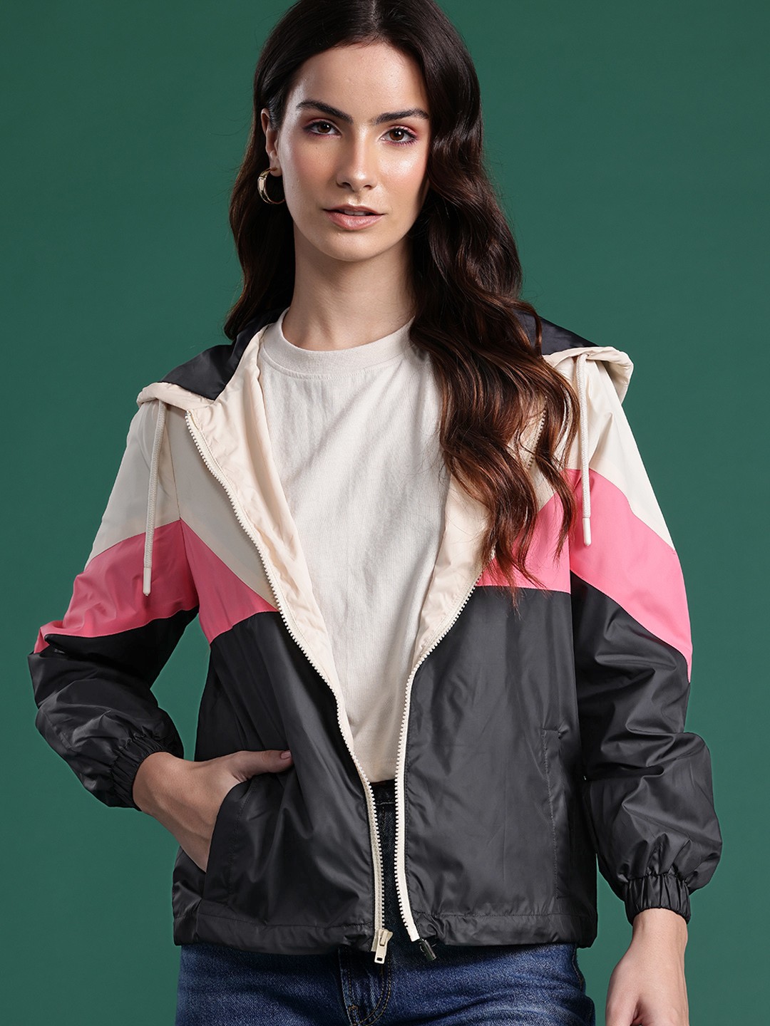 

DressBerry Colorblocked Hooded Tailored Jacket, Black