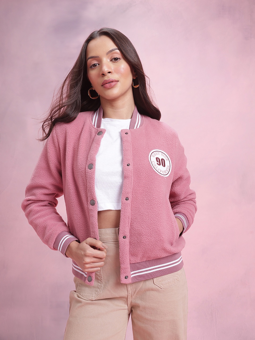 

DressBerry Applique Detail Fleece Varsity Jacket, Pink
