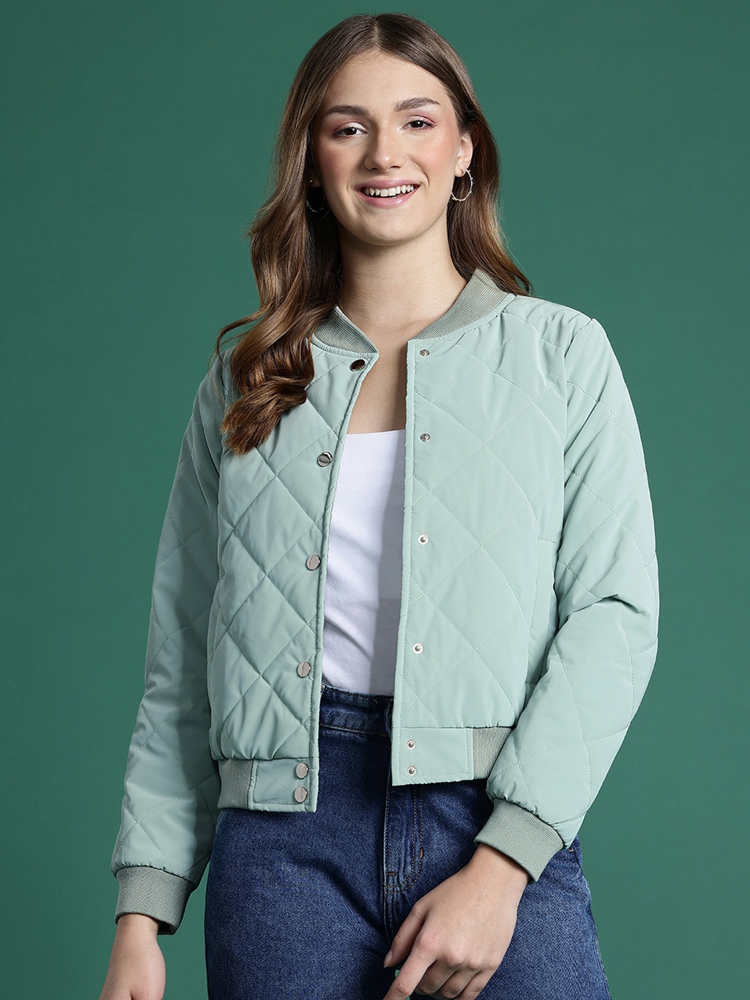 

DressBerry Stand Collar Quilted Jacket, Green