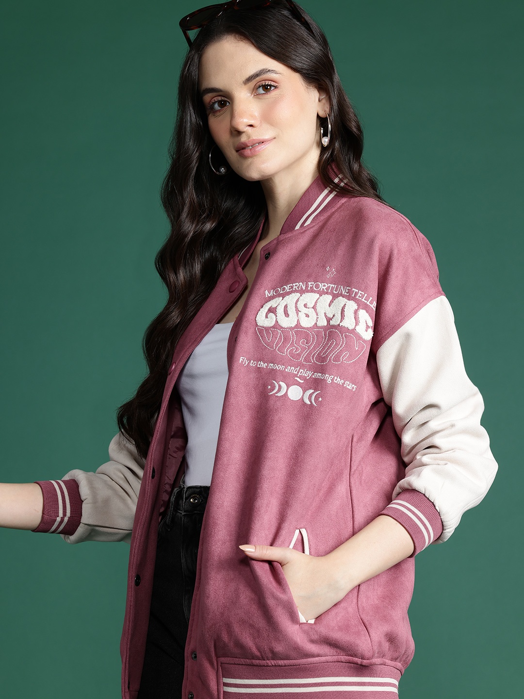 

DressBerry Typography Colourblocked Varsity Jacket, Pink