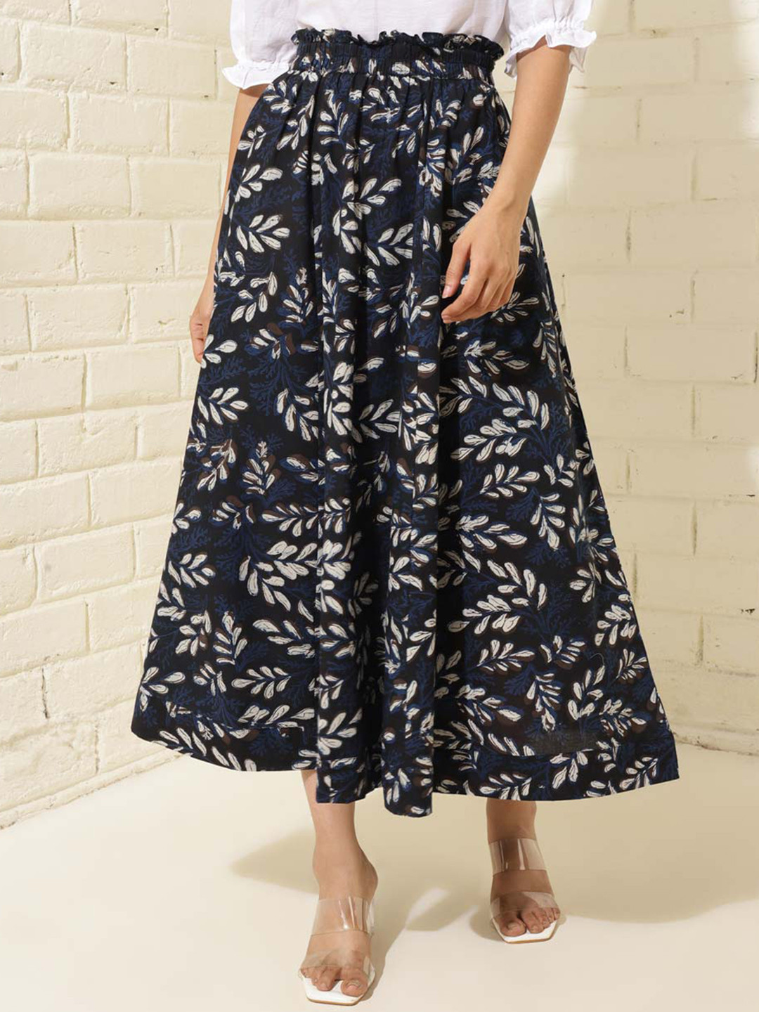 

Fabindia Printed Pure Cotton Flared Maxi Skirt, Blue