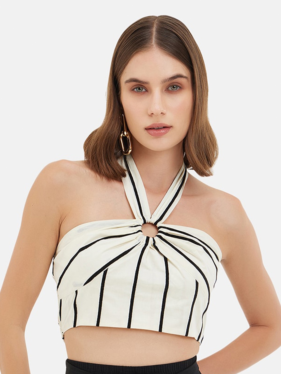 

Kazo Striped Halter Neck Tube Crop Top, Beige