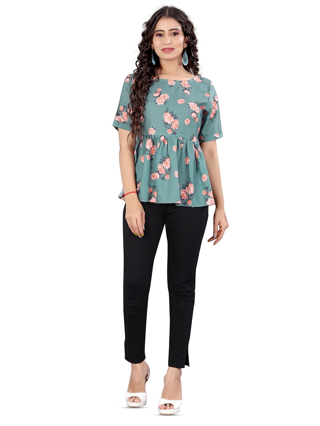 

Rujave Round Neck Gathered or Pleated Detail Floral Print Top, Sea green