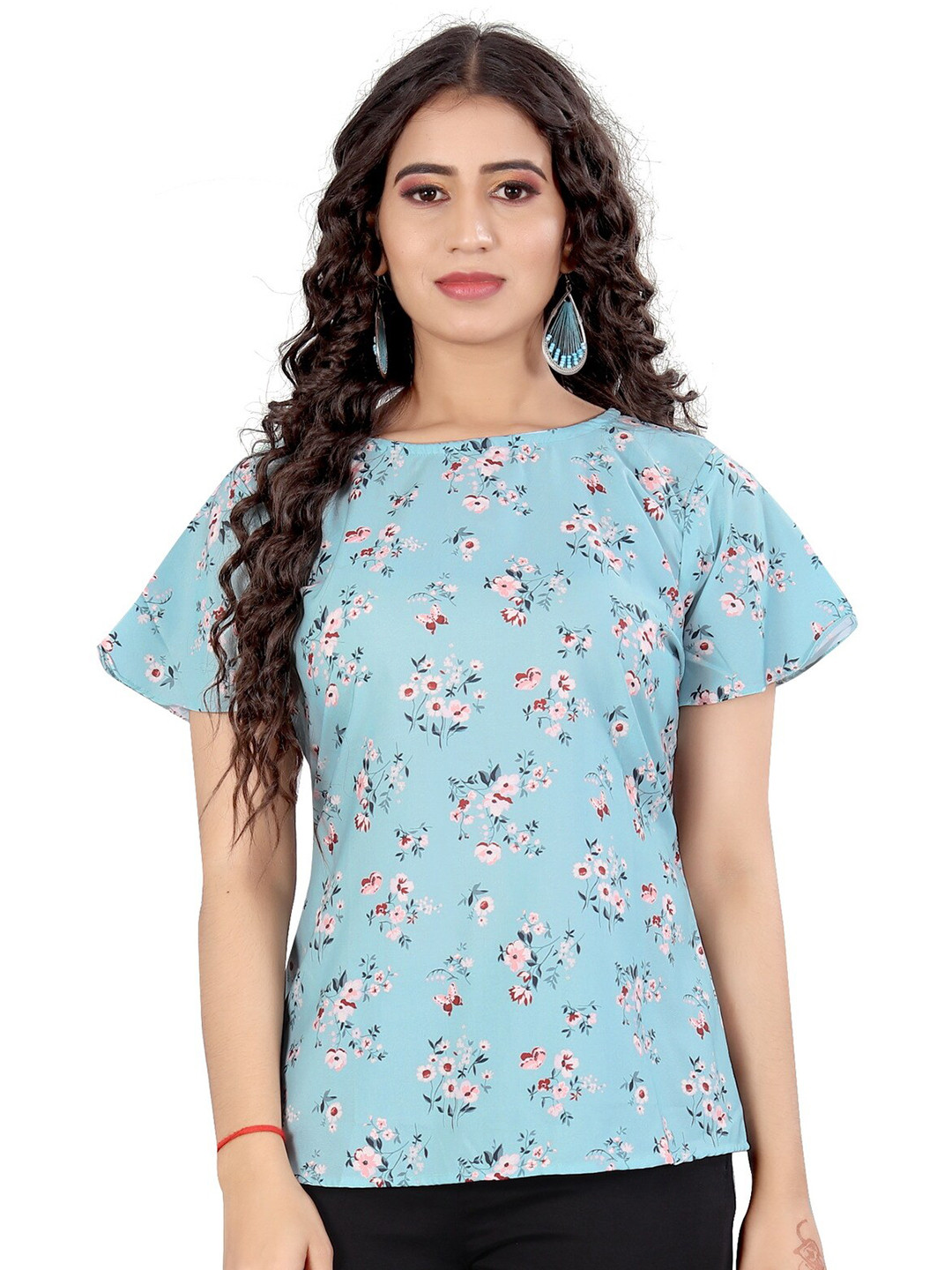 

Rujave Floral Printed Top, Turquoise blue