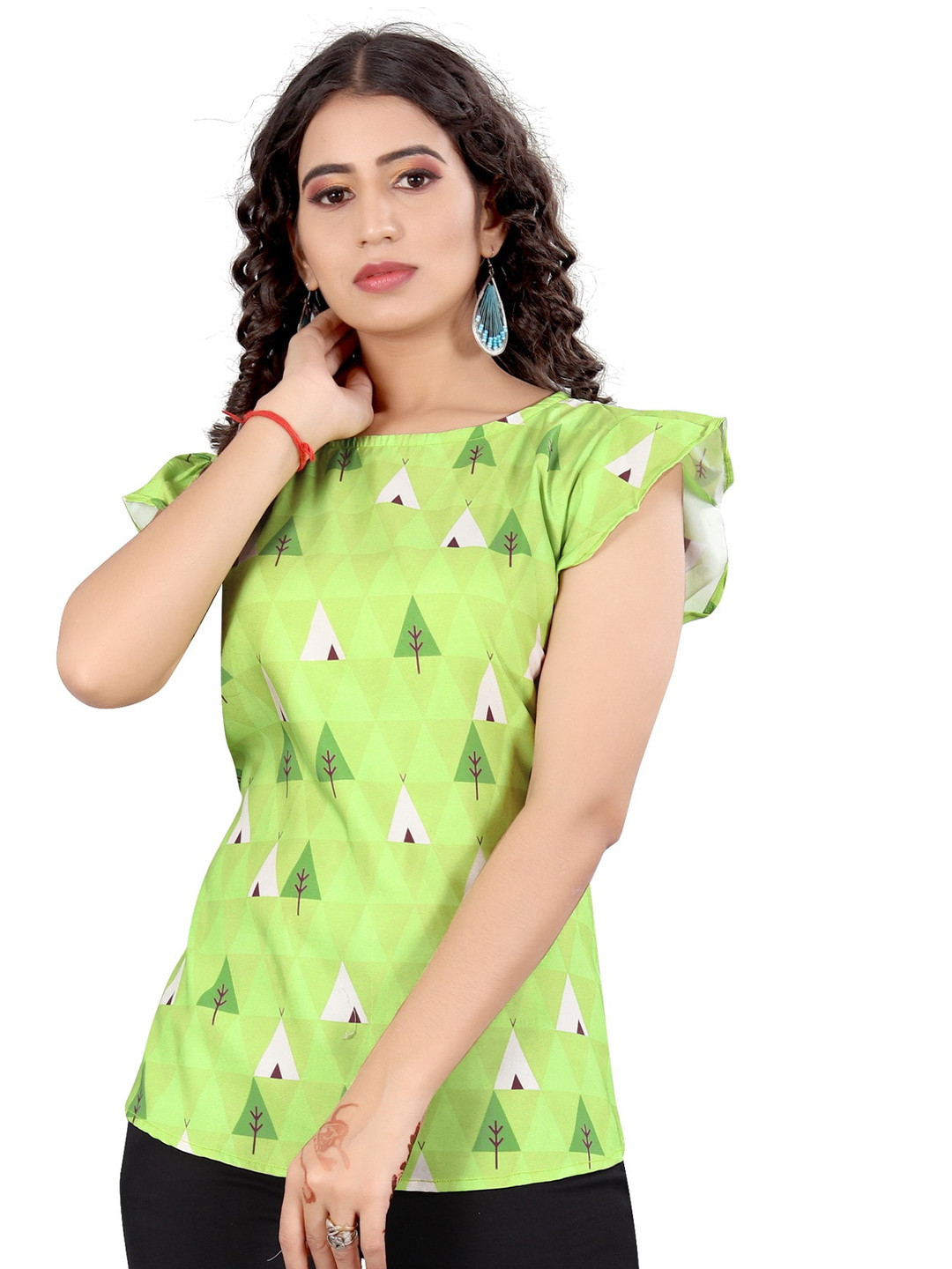 

Rujave Geometric Print Flutter Sleeve Top, Lime green