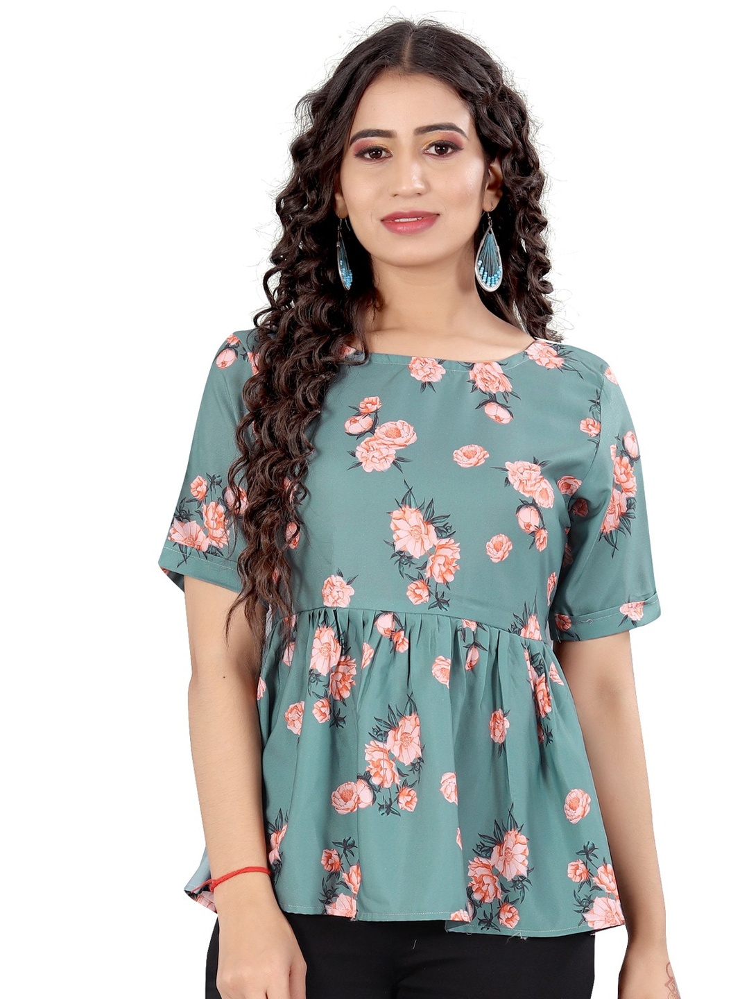 

Rujave Round Neck Gathered or Pleated Detail Floral Print Top, Sea green