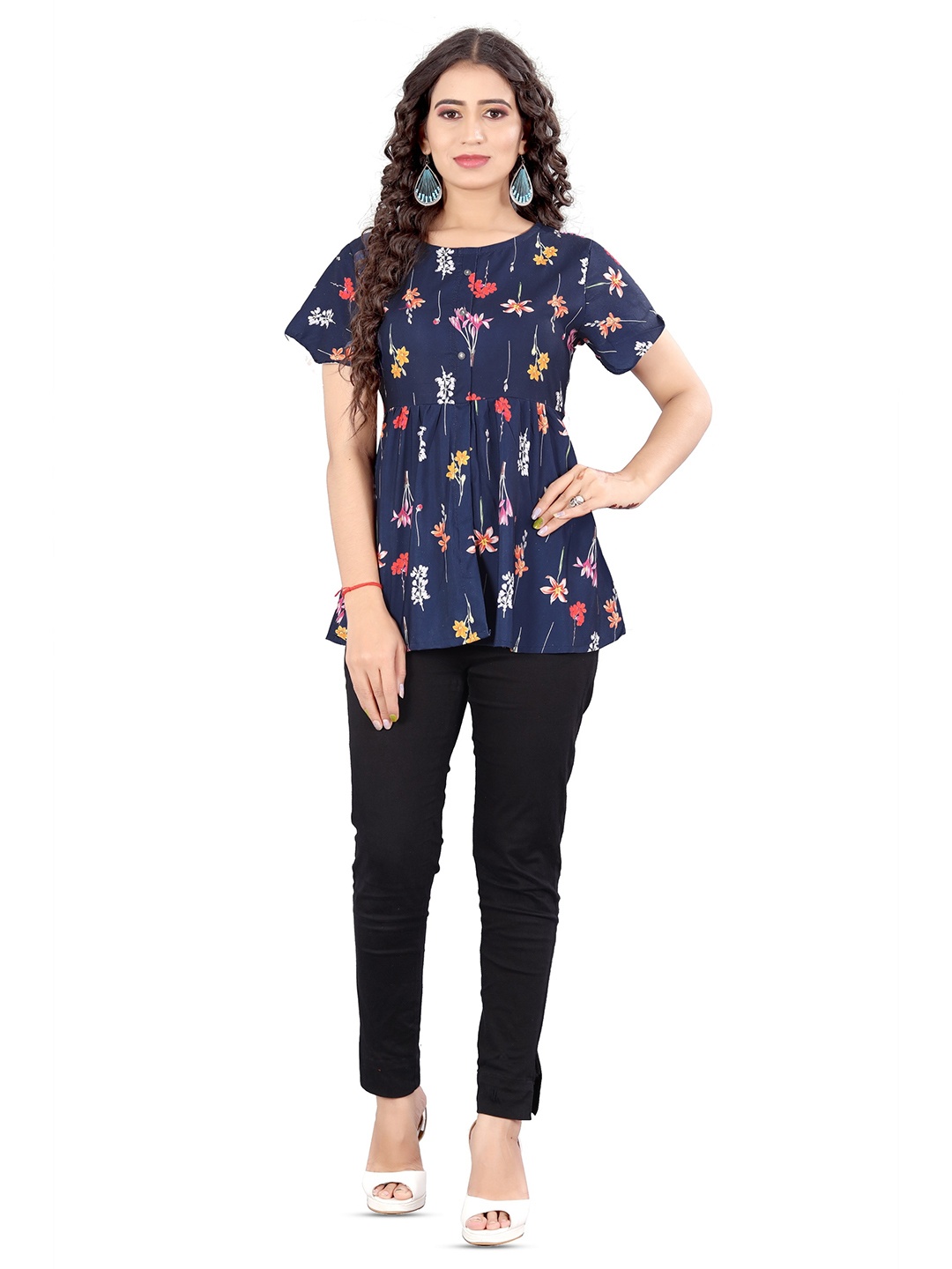 

Rujave Floral Printed A-Line Top, Blue