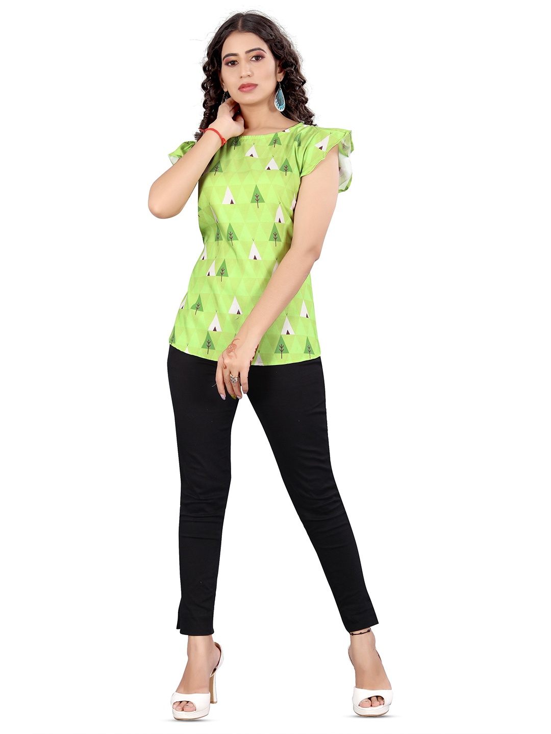 

Rujave Floral Print Flutter Sleeve Top, Lime green