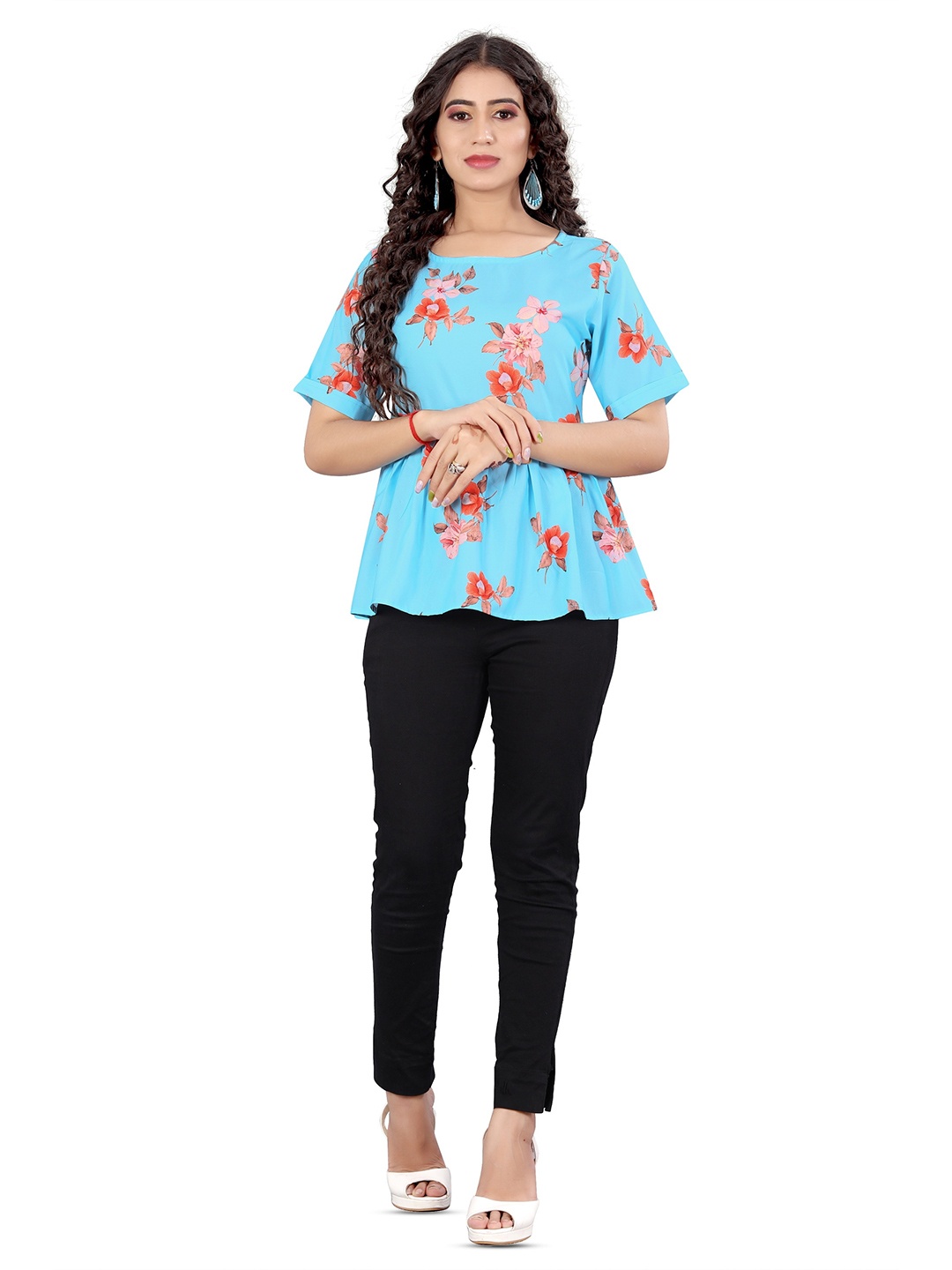 

Rujave Floral Printed Gathered or Pleated Detail Top, Turquoise blue
