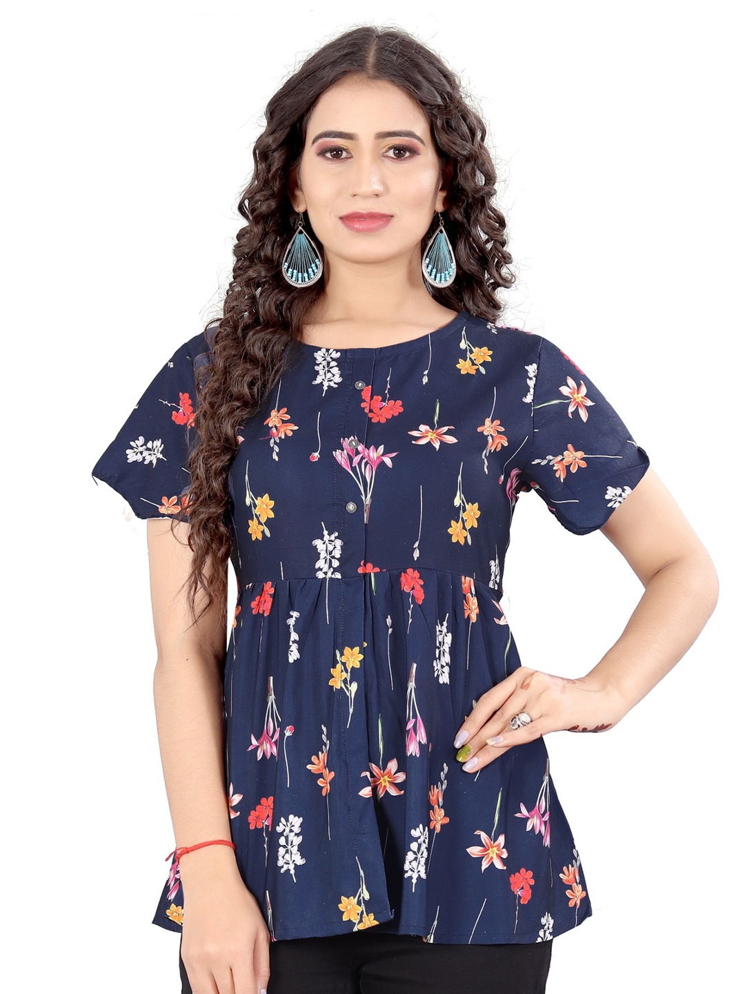 

Rujave Floral Printed A-Line Top, Blue