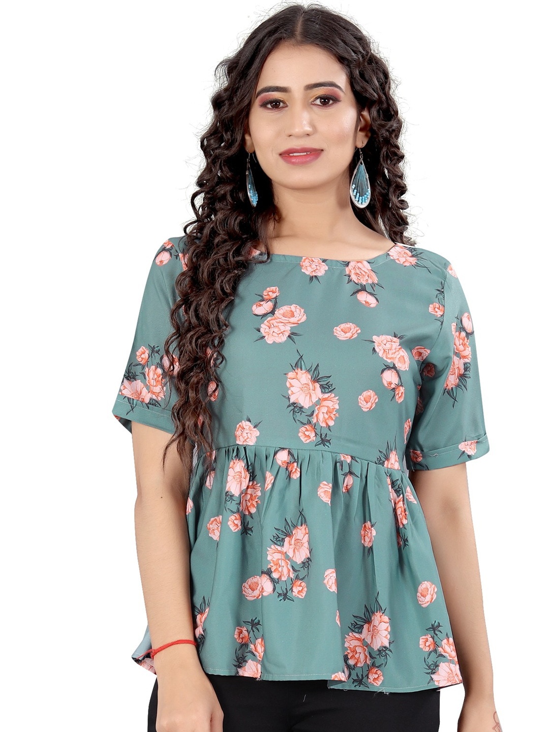 

Rujave Round Neck Gathered or Pleated Detail Floral Print Top, Sea green