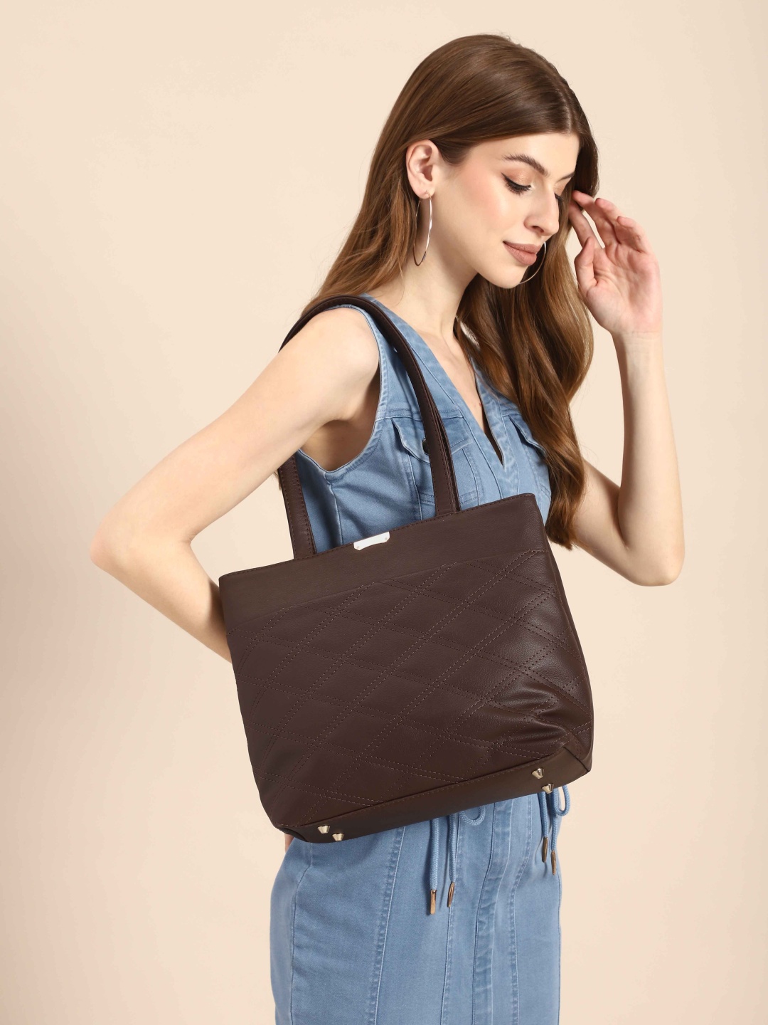 

DressBerry Checked Shopper Tote Bag with Quilted Detail, Brown