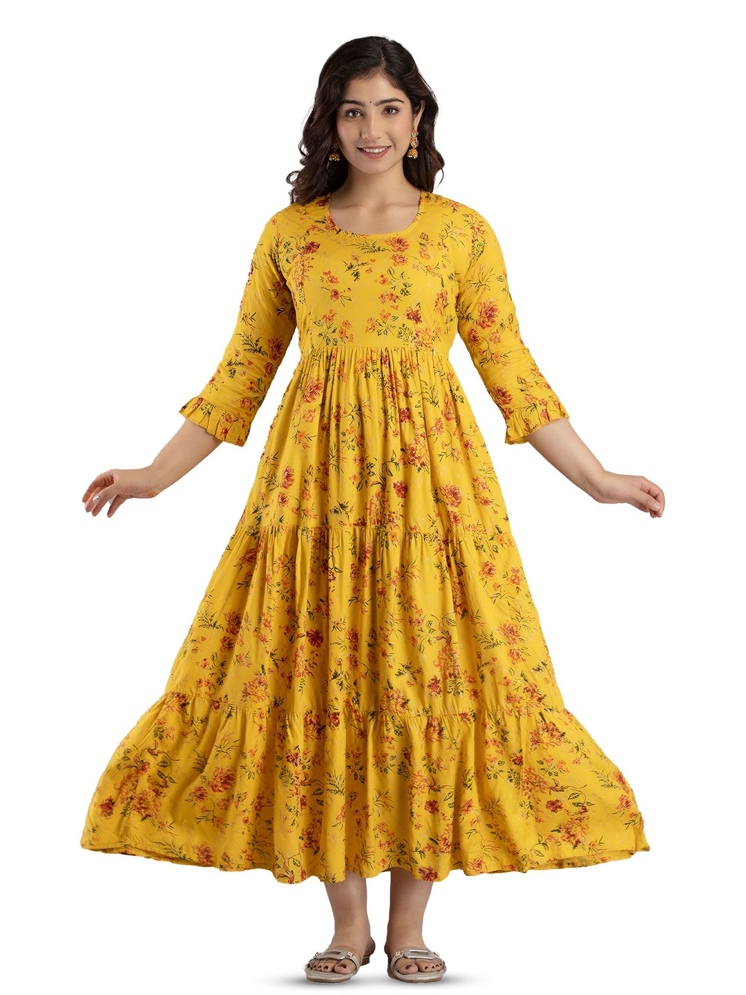 

Pranati Enterprise Floral Print Anarkali Maternity Ethnic Dress, Mustard