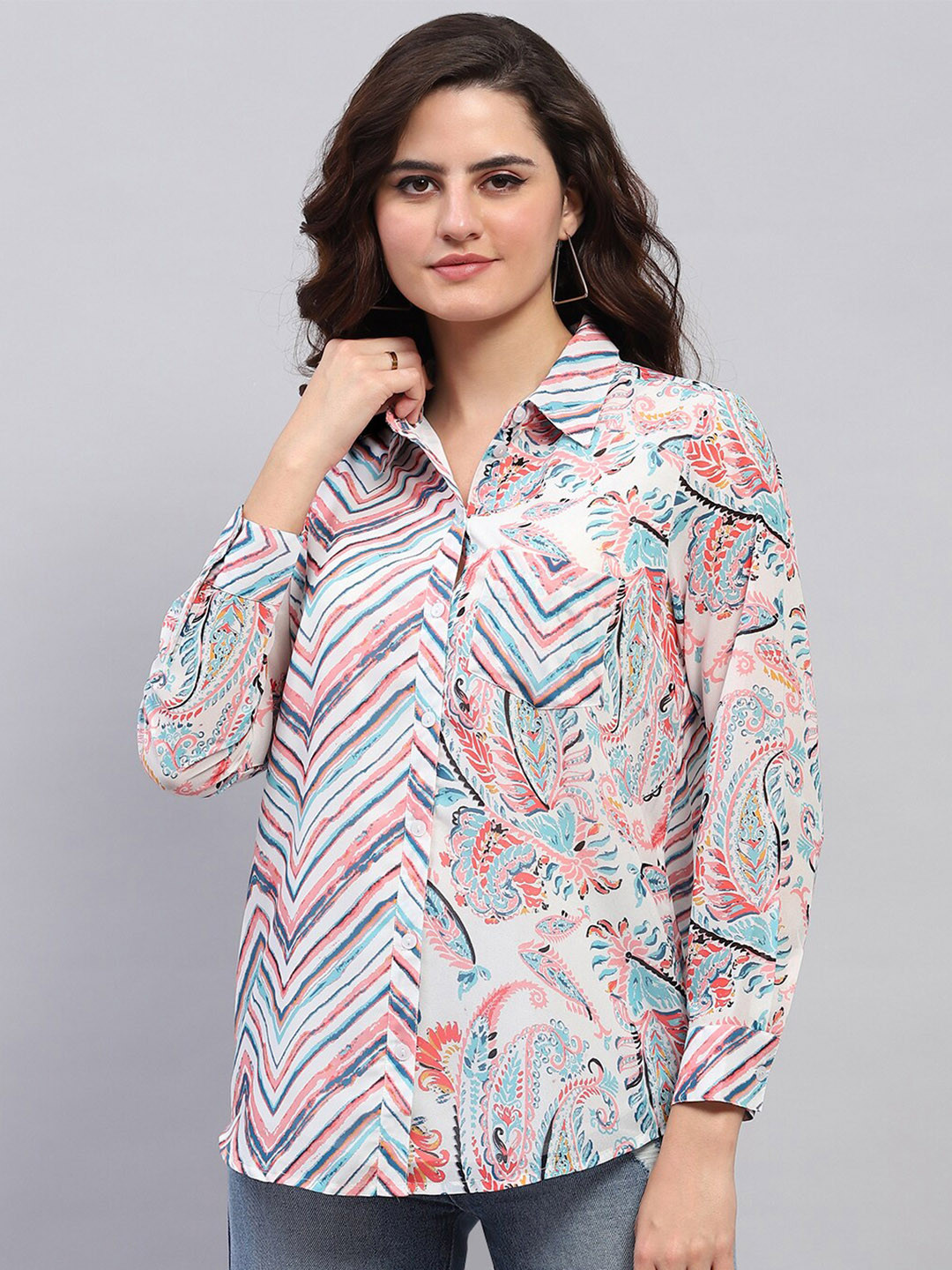 

Monte Carlo Ethnic Motif Print Short Collar Long Sleeves Shirt Style Top, White