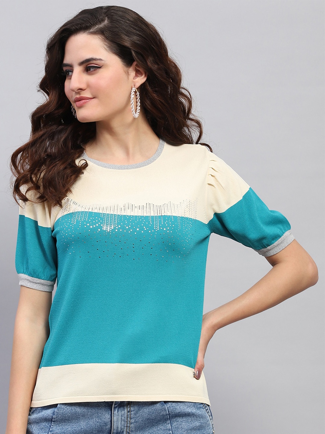 

Monte Carlo Colourblocked Puff Sleeve Satin Top, Cream