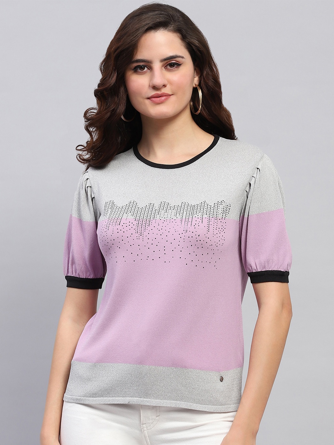 

Monte Carlo Colourblocked Round Neck Short Puff Sleeves Top, Grey
