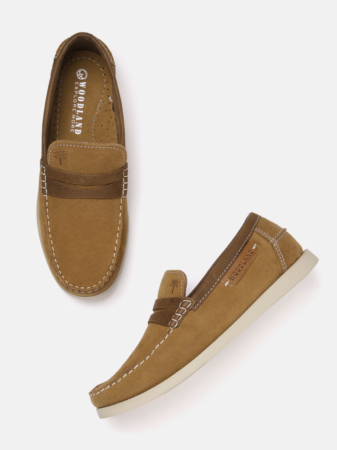 

Woodland Men Nubuck Leather Penny Loafers, Camel brown