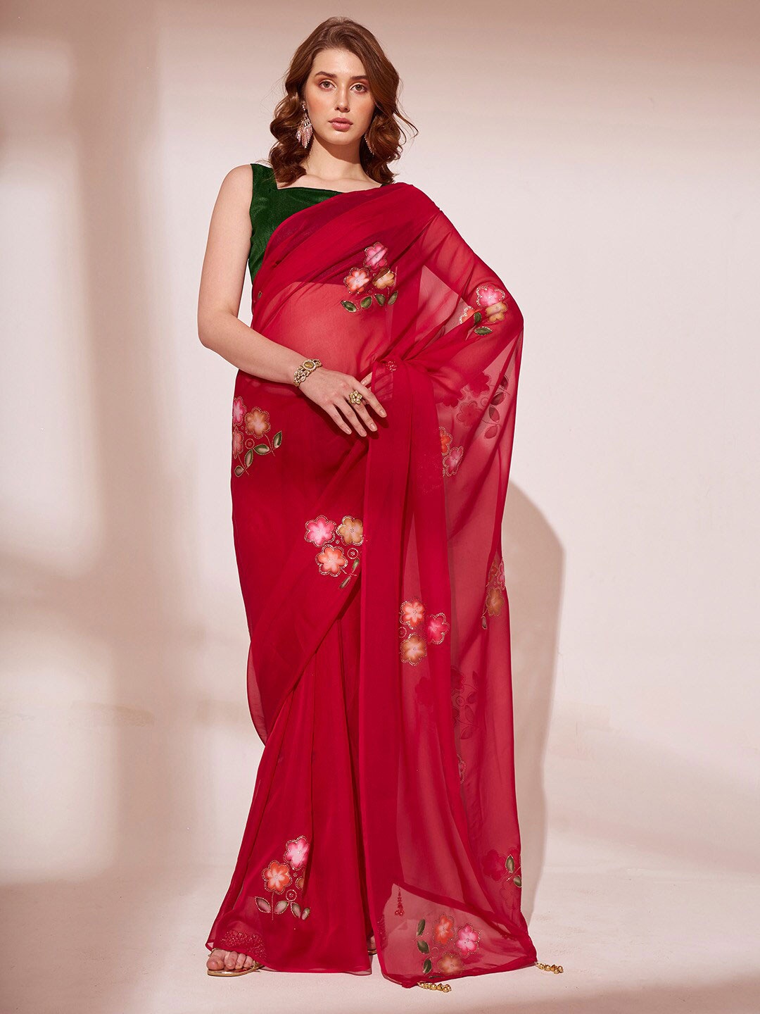 

Ishin Floral Embellished Organza Saree, Red