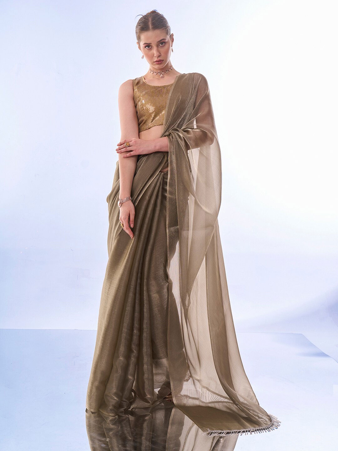 

Ishin Zari Organza Saree, Olive