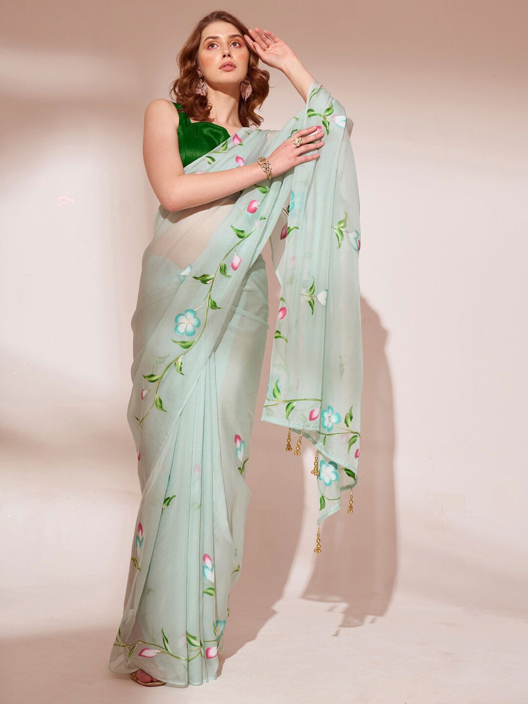 

Ishin Floral Printed Organza Saree, Sea green