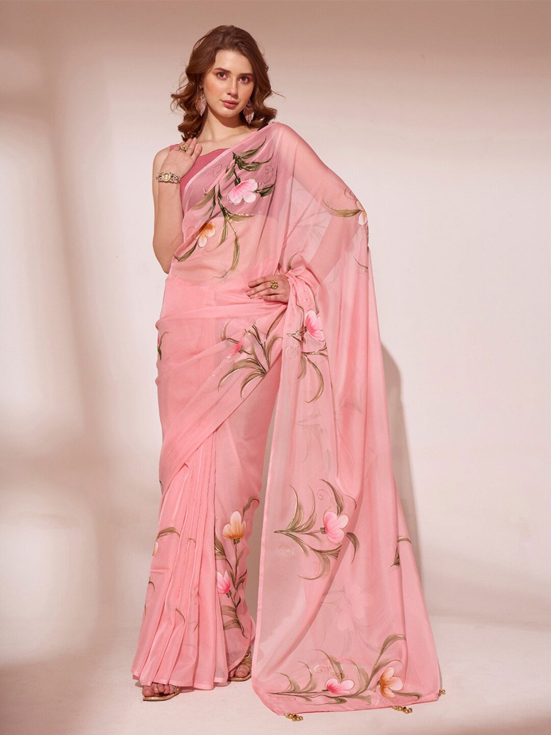 

Ishin Floral Printed Organza Saree, Pink