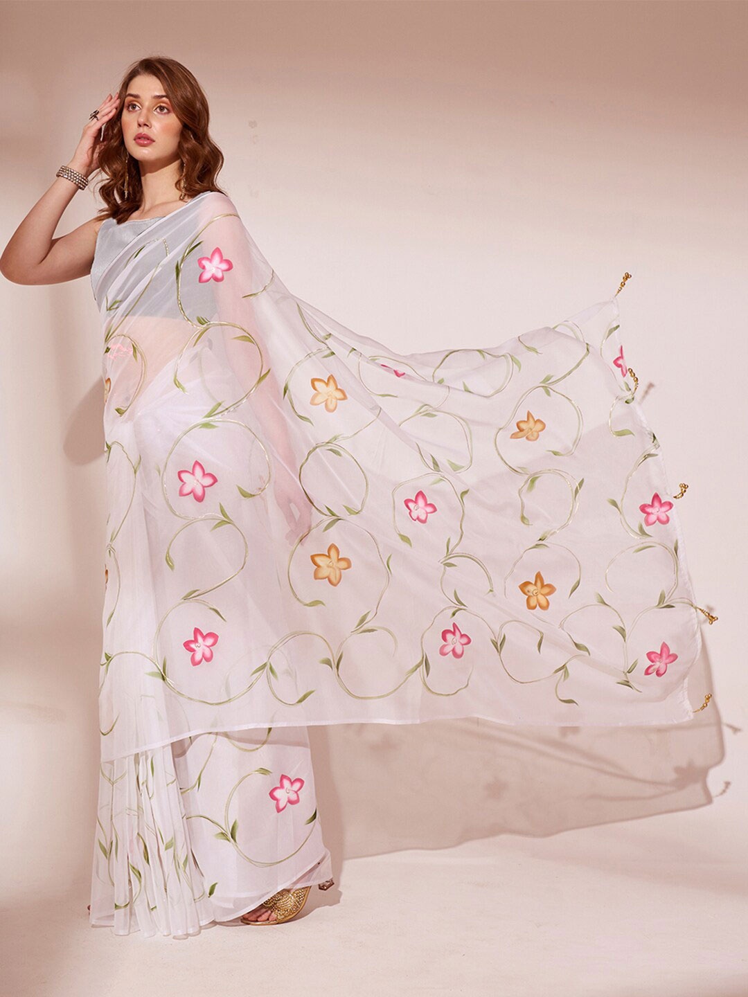 

Ishin Floral Printed Organza Saree, White