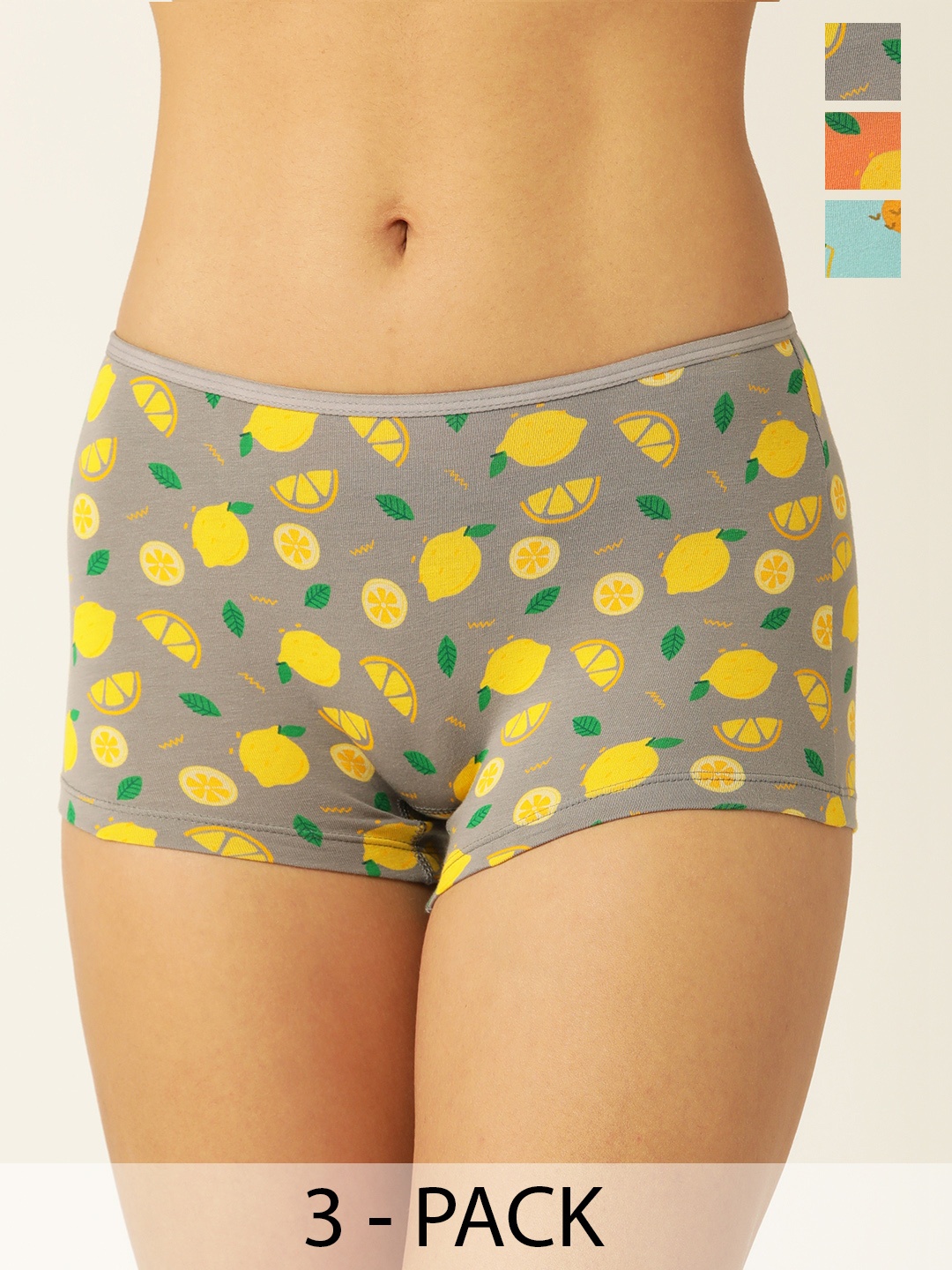 

Leading Lady Pack Of 3 Printed Assorted Mid-Rise Boy Shorts, Grey