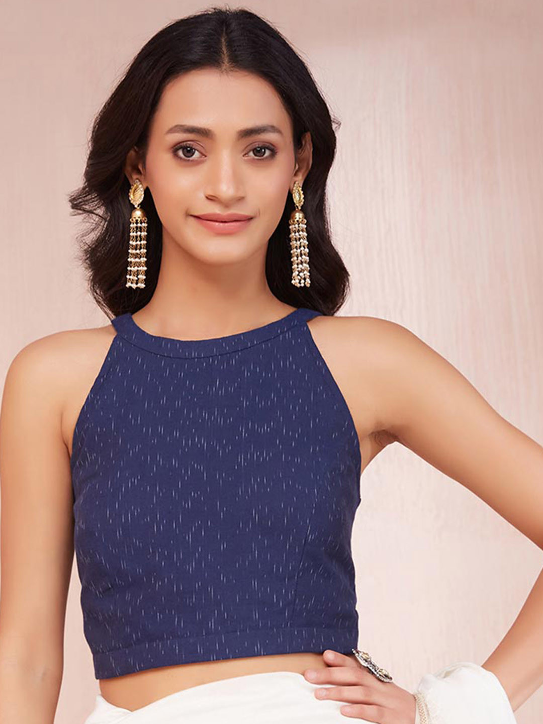 

Fabindia Printed Cotton Sleeveless Saree Blouse, Navy blue