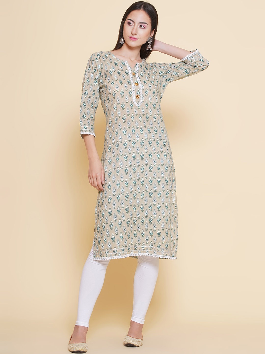 

NAMA'S Floral Printed Notch Neck Gotta Patti Cotton Straight Kurta, Cream