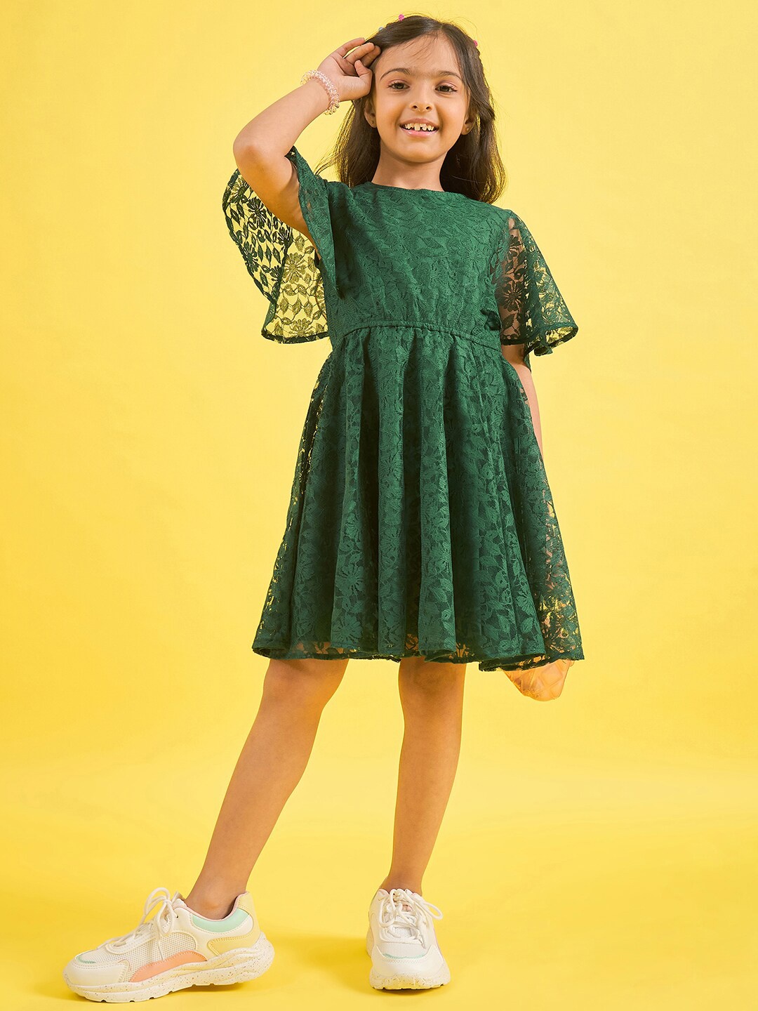 

Stylo Bug Self Design Flared Sleeve Round Neck Lace Fit & Flare Dress, Green