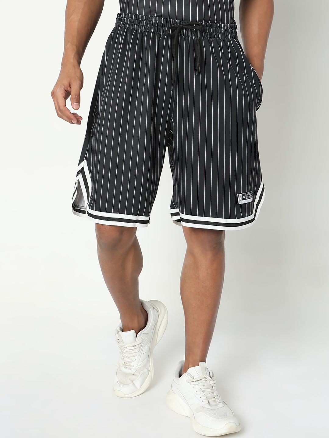 

R&B Men Striped Mid-Rise Cotton Shorts, Black
