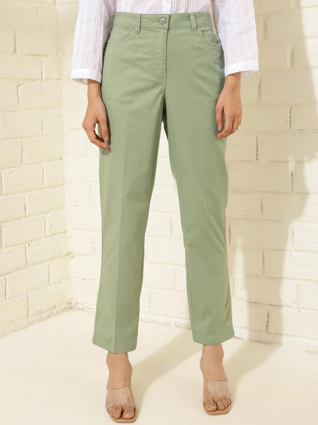 

Fabindia Women High-Rise Cotton Plain Regular Trousers, Green