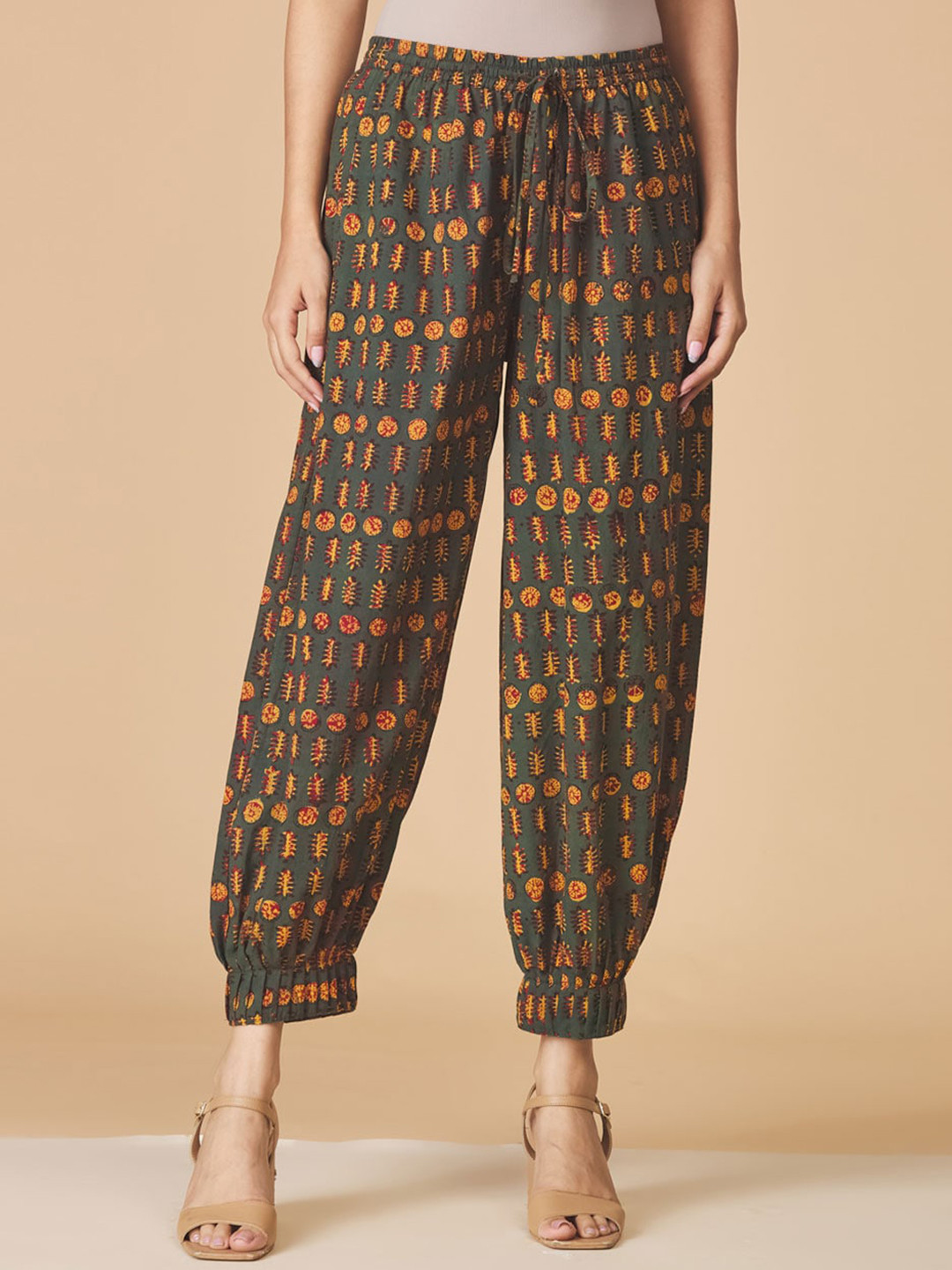 

Fabindia Women Ethnic Motifs Print Straight Fit Ankle Length Pure Cotton Salwar, Green